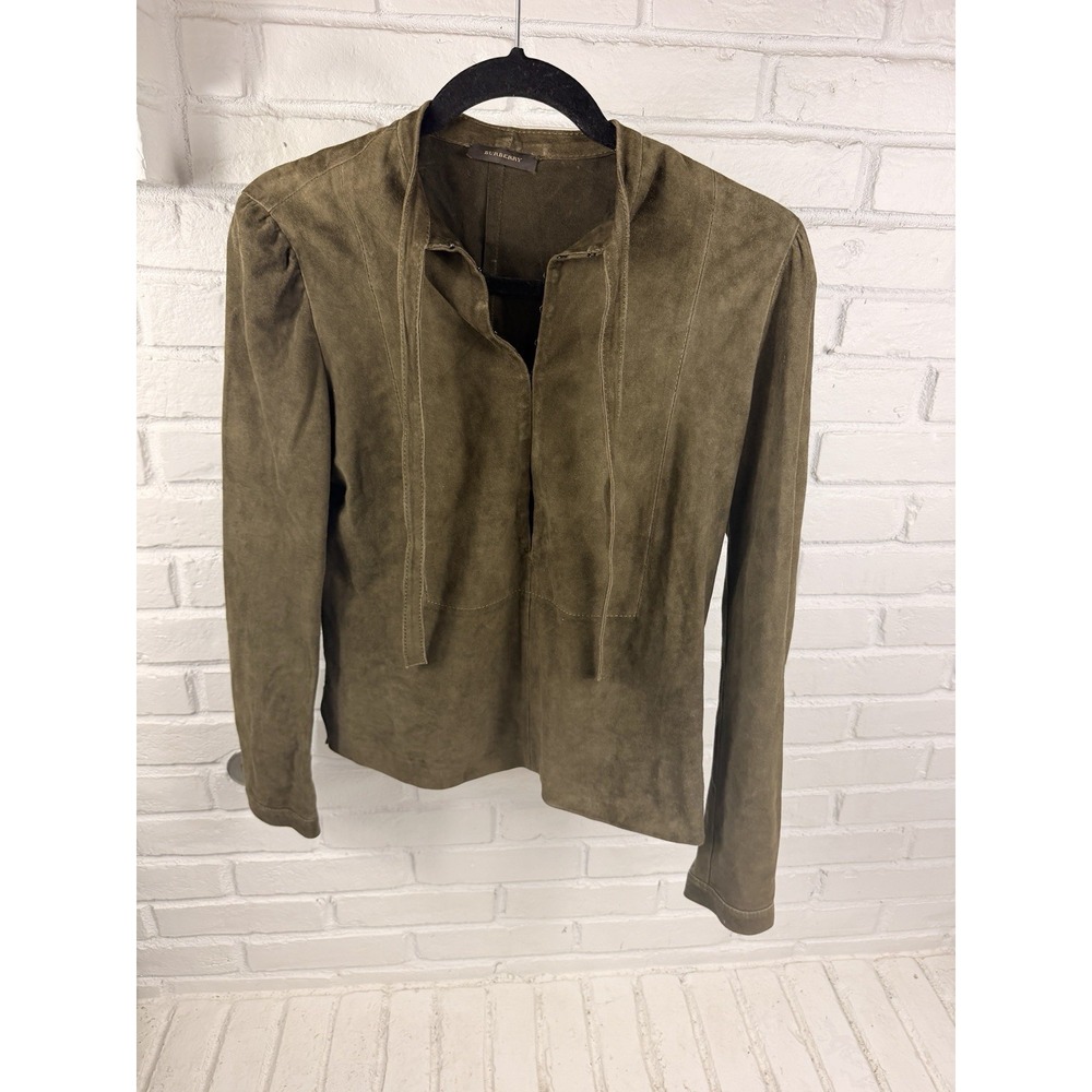 Burberry Womens 6 Olive Green Suede Leather Jacket Hook Eye Made Italy Vintage